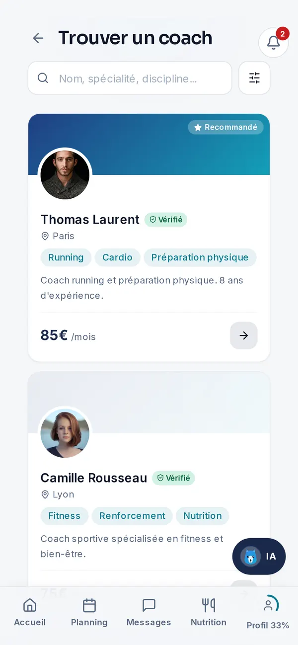 Recherche de coach côté client dans l'application